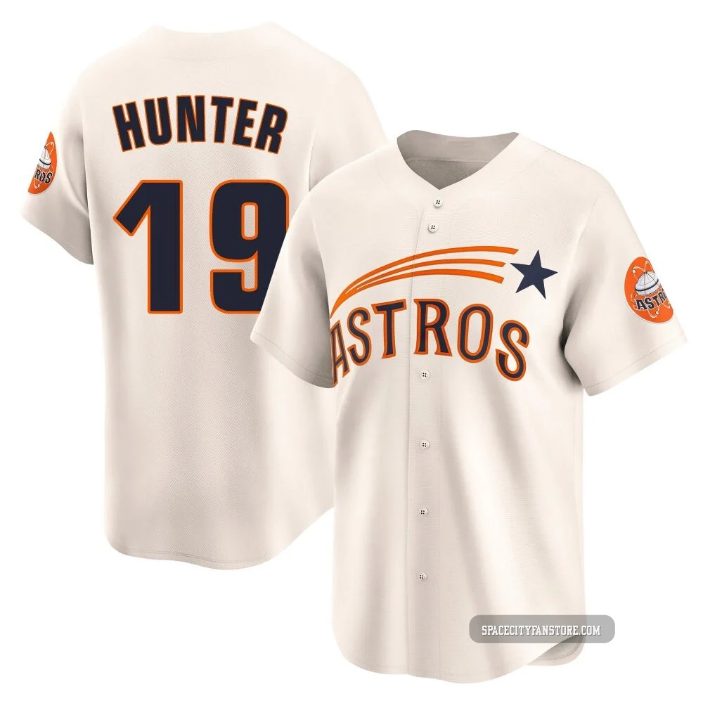 Men's Brian Hunter Houston Astros ＃19 Cream Limited - Throwback Cooperstown Collection Jersey
